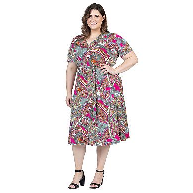 Plus Size 24Seven Comfort Apparel Short Sleeve Tie Waist Midi Dress