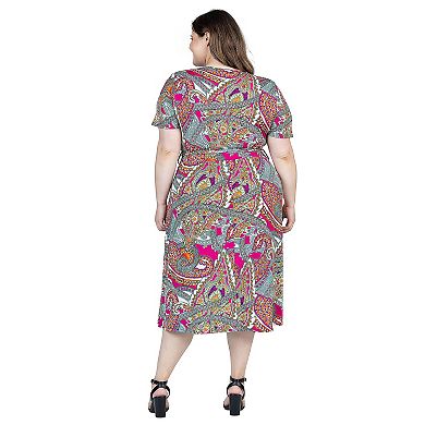 Plus Size 24Seven Comfort Apparel Short Sleeve Tie Waist Midi Dress