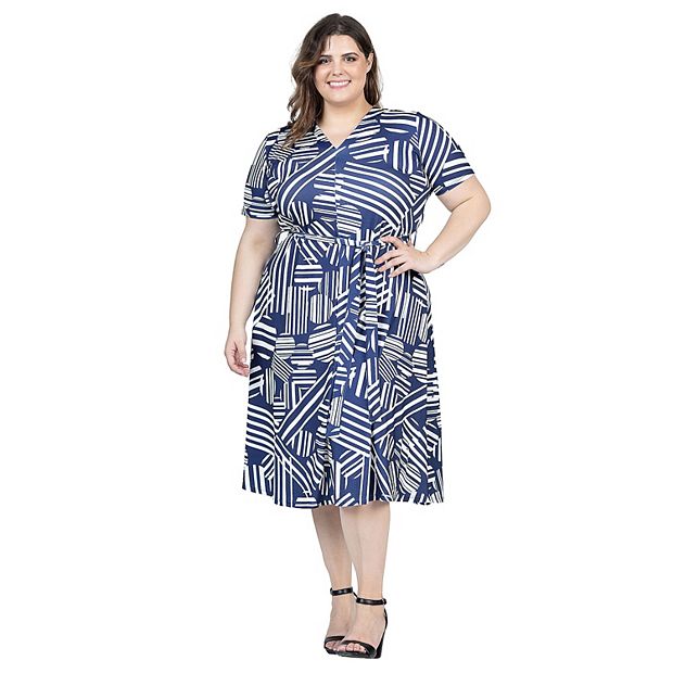 24seven Comfort Apparel Plus Size Short Sleeve Tie Waist Midi Dress - Navy Multi - Size 3X
