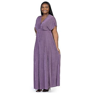Plus Size 24Seven Comfort Apparel Flutter Sleeve Metallic Knit Maxi Dress Front Slit Empire Waist
