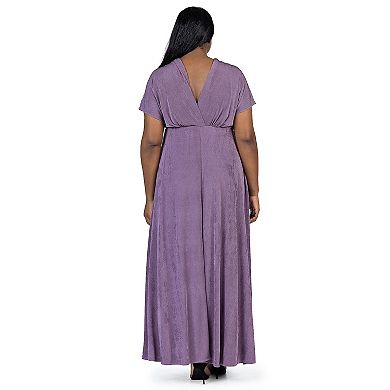 Plus Size 24Seven Comfort Apparel Flutter Sleeve Metallic Knit Maxi Dress Front Slit Empire Waist