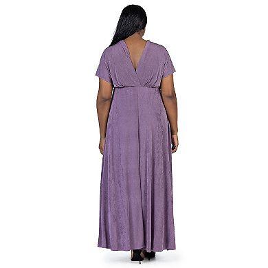 Plus Size 24Seven Comfort Flutter Sleeve Metallic Knit Maxi Dress Front Slit Empire Waist