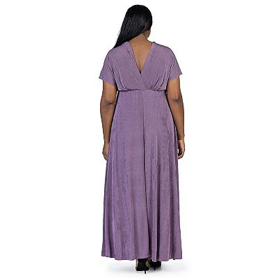 Plus Size 24Seven Comfort Apparel Flutter Sleeve Metallic Knit Maxi Dress  Front Slit Empire Waist