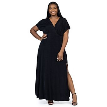 Plus Size 24Seven Comfort Apparel Flutter Sleeve Metallic Knit Maxi Dress Front Slit Empire Waist