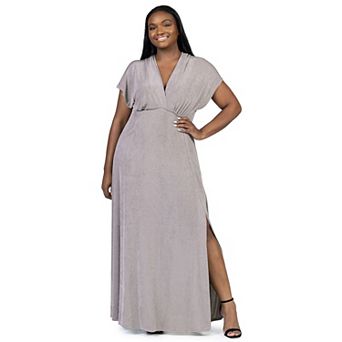 Plus Size 24Seven Comfort Apparel Flutter Sleeve Metallic Knit Maxi Dress Front Slit Empire Waist