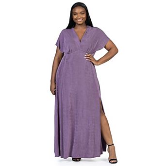 Plus Size 24Seven Comfort Apparel Flutter Sleeve Metallic Knit Maxi Dress Front Slit Empire Waist