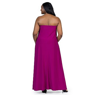 Plus Size 24Seven Comfort Apparel Pleated A Line Strapless Maxi Dress With Pockets