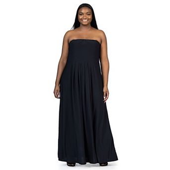 Plus Size 24Seven Comfort Apparel Pleated A Line Strapless Maxi Dress With Pockets