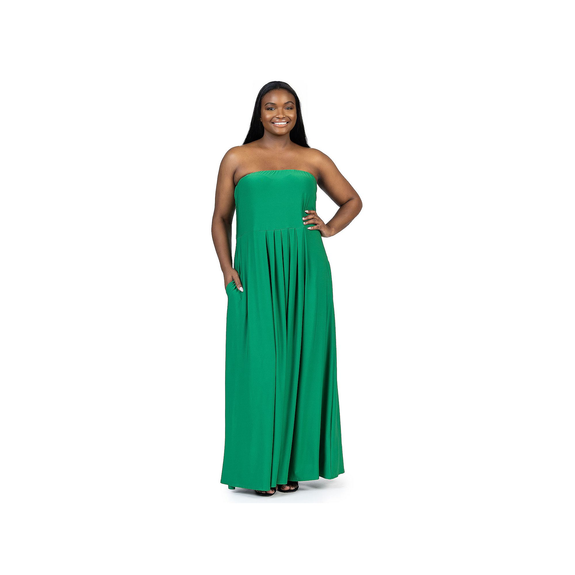 Plus Size 24Seven Comfort Apparel Pleated A Line Strapless Maxi Dress With 