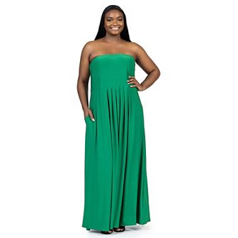Plus Size 24Seven Comfort Apparel Pleated A Line Strapless Maxi Dress With Pockets