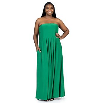 Plus Size 24Seven Comfort Apparel Pleated A Line Strapless Maxi Dress With Pockets