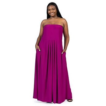 Plus Size 24Seven Comfort Apparel Pleated A Line Strapless Maxi Dress With Pockets