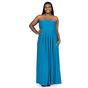 Plus Size 24Seven Comfort Apparel Pleated A Line Strapless Maxi Dress With Pockets