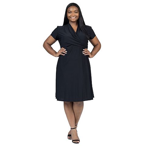 Женские платья 24Seven Plus Size 24Seven Comfort Apparel Print Short Sleeve Knee Length V Neck Rouched Wrap Dress