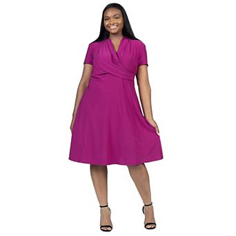 Plus Size 24Seven Comfort Apparel Print Short Sleeve Knee Length V Neck Rouched Wrap Dress