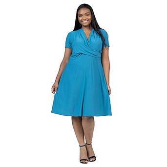 Plus Size 24Seven Comfort Apparel Print Short Sleeve Knee Length V Neck Rouched Wrap Dress