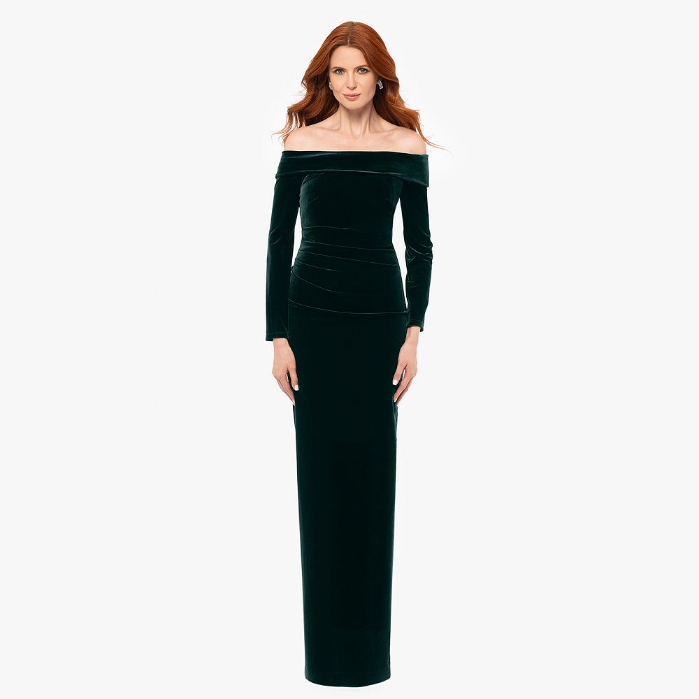 Off-Shoulder Sequined Tasseled Velvet Panel A-Line Evening Gown