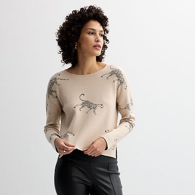Women s Catherine Malandrino Long Sleeve Crewneck Birdseye Jacquard T Body Leopards Sweater
