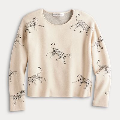Women s Catherine Malandrino Long Sleeve Crewneck Birdseye Jacquard T Body Leopards Sweater