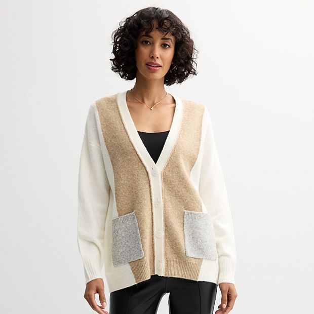 Women s Catherine Malandrino Button Front Tricolor Blocked Cardigan