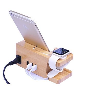 ZTECH Wooden 3 Ports Desktop USB Charger, Multi-Function Charging Station Deck