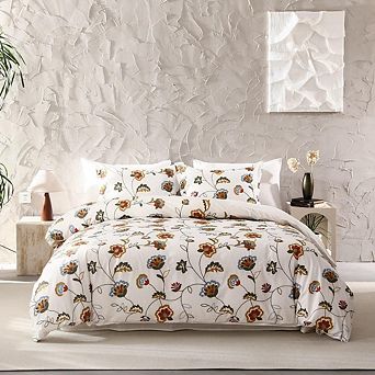 Cotton Crewel Embroidered Floral Duvet Cover 3 pc Set