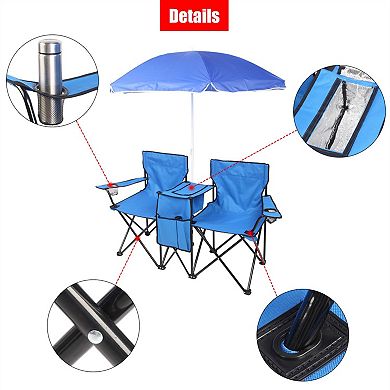 Portable Outdoor 2-seat Folding Chair With Removable Sun Umbrella