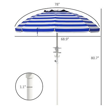Outdoor 6.7' H Blue White Stripe Beach Umbrella With 2 Cup Holders & Hook