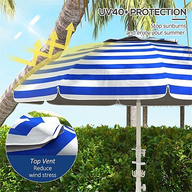 Outdoor 6.7' H Blue White Stripe Beach Umbrella With 2 Cup Holders & Hook