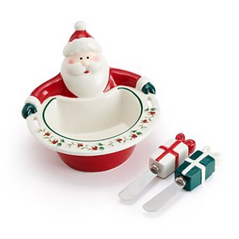 Pfaltzgraff Winterberry Santa Dip Bowl & Spreaders Set