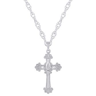 Sterling Silver Fleur De Lis Cross Pendant Necklace