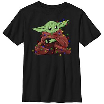 Boys Husky Star Wars The Mandalorian Grogu Wrapped In Christmas Lights Graphic Tee