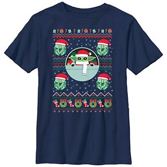 Boys Husky Star Wars The Mandalorian Grogu Christmas Sweater Graphic Tee