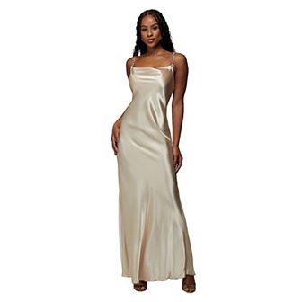 Women's bebe x Ciara Satin Chain Strapped Maxi Slip Dress