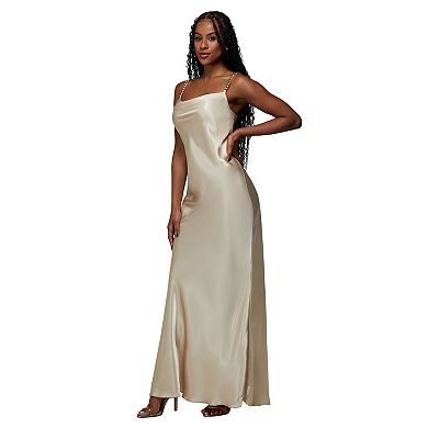 Women's bebe x Ciara Satin Chain Strapped Maxi Slip Dress