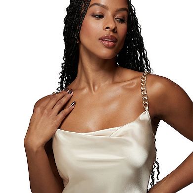 Women's bebe x Ciara Satin Chain Strapped Maxi Slip Dress