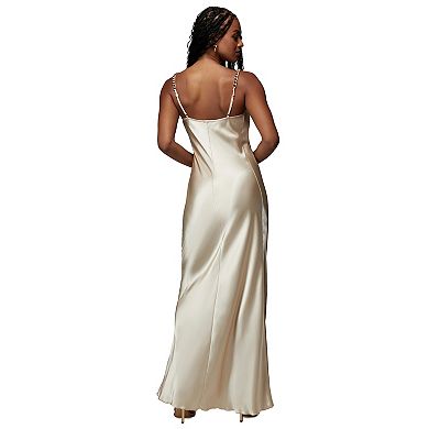 Women's bebe x Ciara Satin Chain Strapped Maxi Slip Dress
