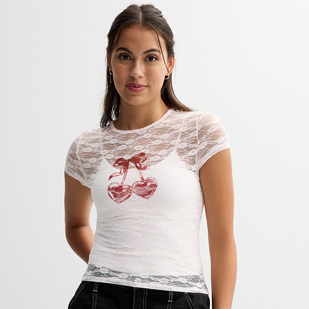 Juniors' Sugar Moon Short Sleeve Lace Cropped Tee