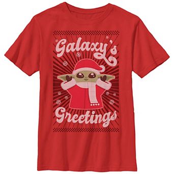 Boys 8-20 Star Wars The Mandalorian Christmas Grogu Galaxy's Greetings Graphic Tee