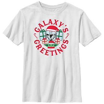 Boys 8-20 Star Wars The Mandalorian Christmas Grogu Mando Galaxy's Greetings Graphic Tee