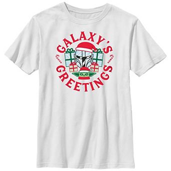 Boys 8-20 Star Wars The Mandalorian Christmas Grogu Mando Galaxy's Greetings Graphic Tee
