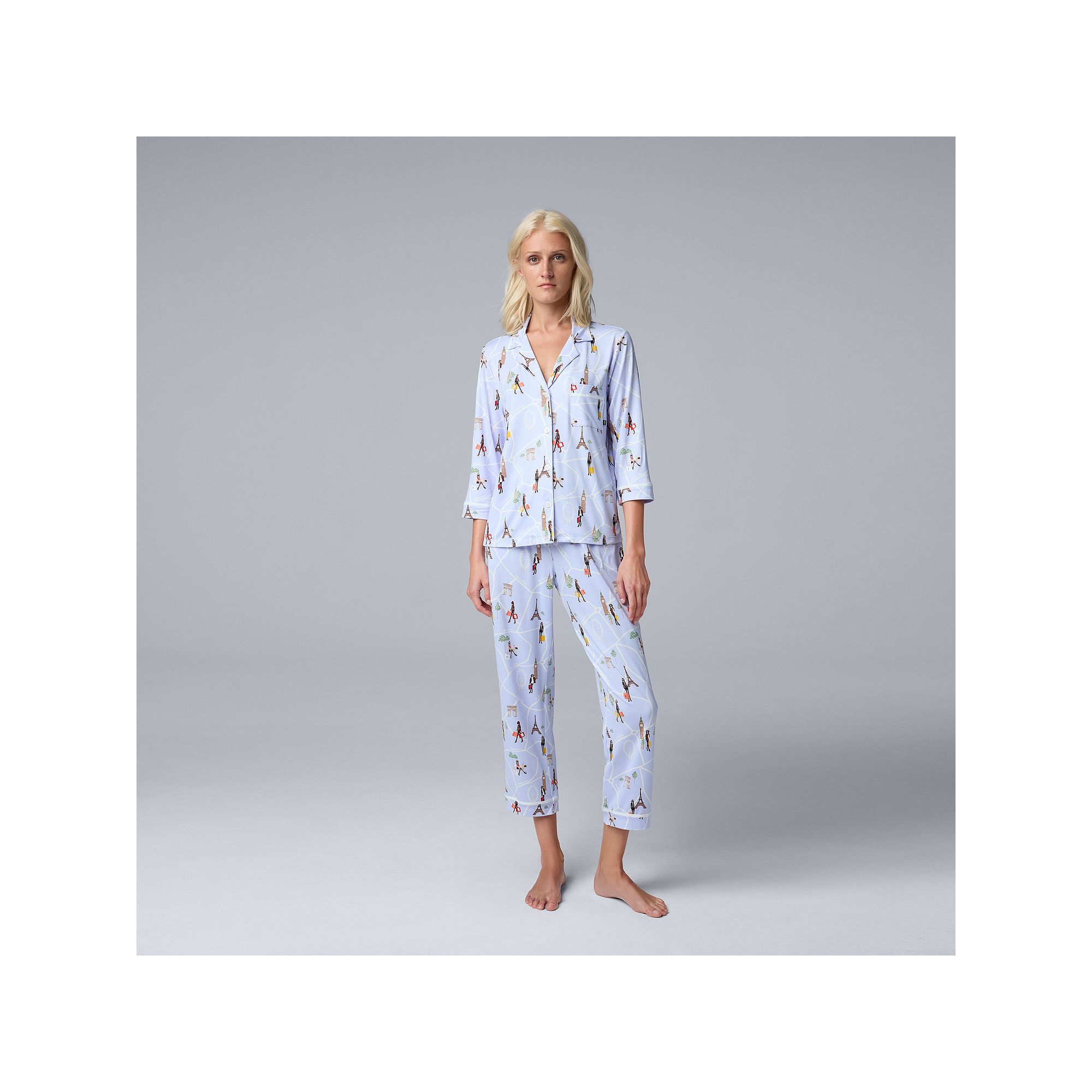 Womens Simply Vera Vera Wang 3/4-Sleeve Pajama Top & Crop Pajama Pants Set