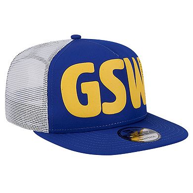 Men's New Era Royal Golden State Warriors Puff Print Team Code A-Frame 9FIFTY Trucker Snapback Hat