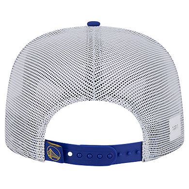 Men's New Era Royal Golden State Warriors Puff Print Team Code A-Frame 9FIFTY Trucker Snapback Hat