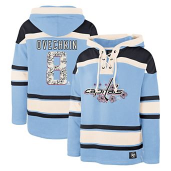 Men's '47 Alexander Ovechkin Light Blue Washington Capitals Player Name & Number Lacer Pullover Hoodie