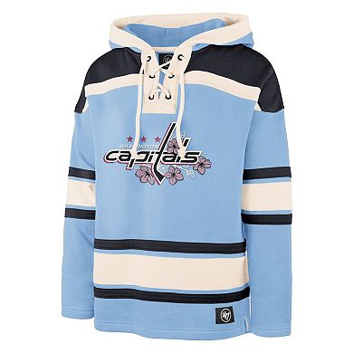 Men's '47 Alexander Ovechkin Light Blue Washington Capitals Player Name & Number Lacer Pullover Hoodie