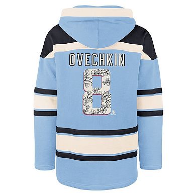 Men's '47 Alexander Ovechkin Light Blue Washington Capitals Player Name & Number Lacer Pullover Hoodie