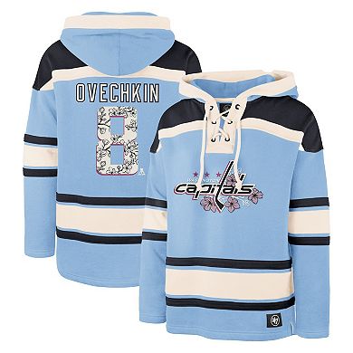 Men's '47 Alexander Ovechkin Light Blue Washington Capitals Player Name & Number Lacer Pullover Hoodie