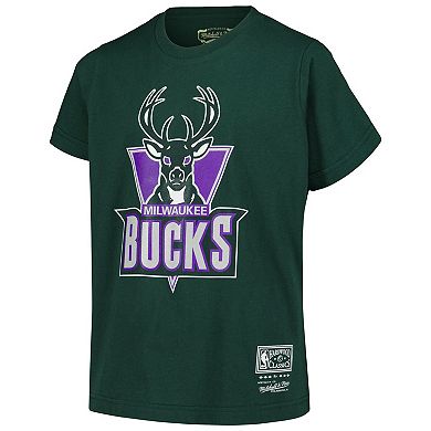 Youth Mitchell & Ness Hunter Green Milwaukee Bucks Hardwood Classics Retro Logo T-Shirt