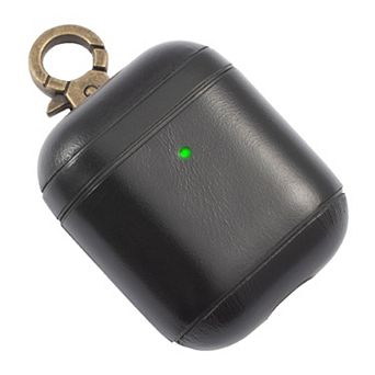 For Airpods 1 / 2 Genuine Leather Case Luxury Cover With Keychain Hook Black